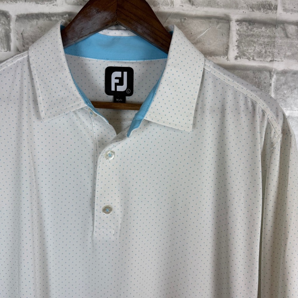 FootJoy Mens White Blue Micro Polka Dot AOP Performance Golf Polo Shirt Large